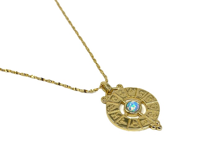 18ct Gold Plated Zodiac Disc Opal Pendant on a 46-49cm Adjustable Necklace