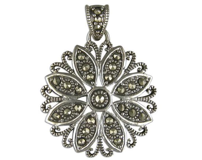 Ladies Sterling Silver 925 Marcasite Starburst Flower Pendant, The Perfect Gift For Her