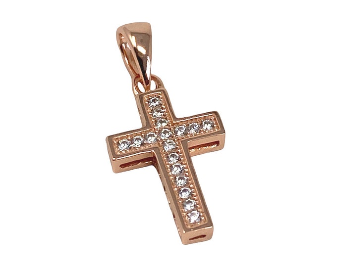 Ladies 14ct Rose Gold Plated Small Cross with Micro-Set Cubic Zirconia