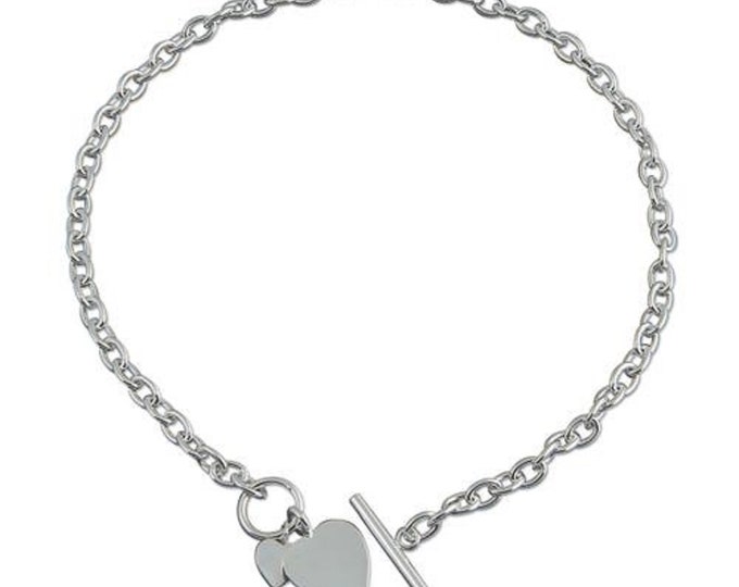 Sterling Silver Necklace with Double Heart Tag with Bar and Ring (Toggle) Fastening