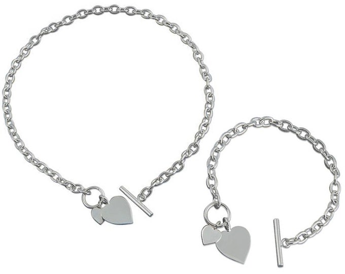Sterling Silver Necklace and Bracelet Set with Double Heart Tag with Bar and Ring (Toggle) Fastening