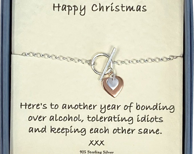 Happy Christmas Ladies Sterling Silver and Rose Gold Plated Double Heart T Bar Bracelet with Card Message & Gift Box