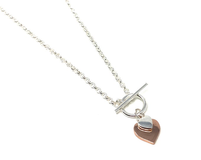 Sterling Silver and Rose Gold Plated Double Heart T Bar Necklace