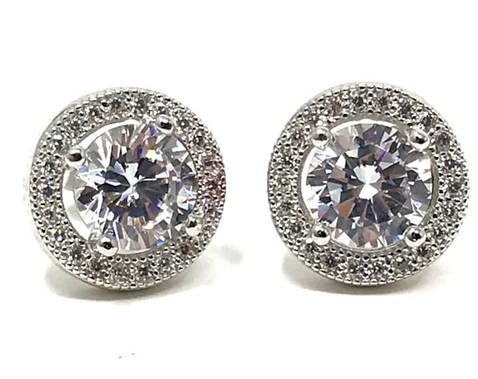 Ladies Sterling Silver Micro Set Cubic Zirconia Halo Stud Earrings