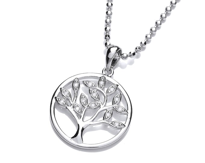 Ladies Cubic Zirconia Tree of Life Pendant with 18-20″ Diamond Cut Chain