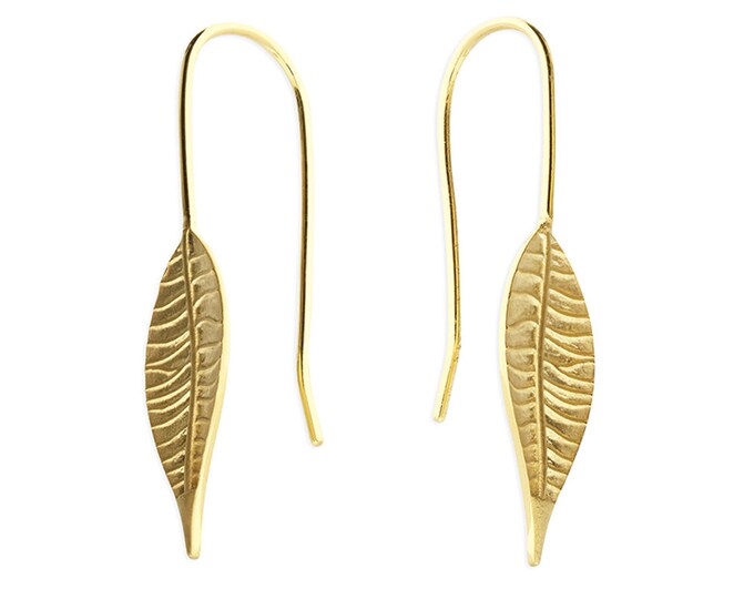 Gold Plated Thin Leaf Design Hook-in Drop Earrings