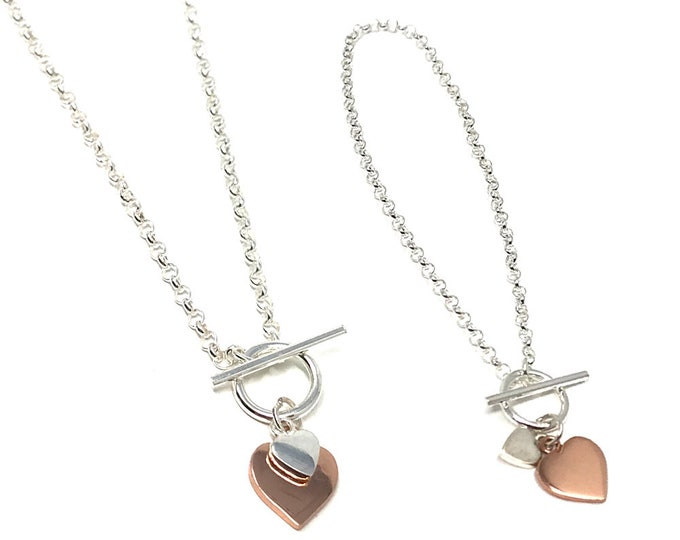 Sterling Silver and Rose Gold Plated Double Heart T Bar Necklace with Matching Bracelet Set