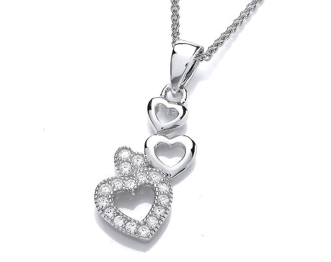 Ladies Sterling Silver and Cubic Zirconia All Hearts Pendant with 16-18″ Silver Chain