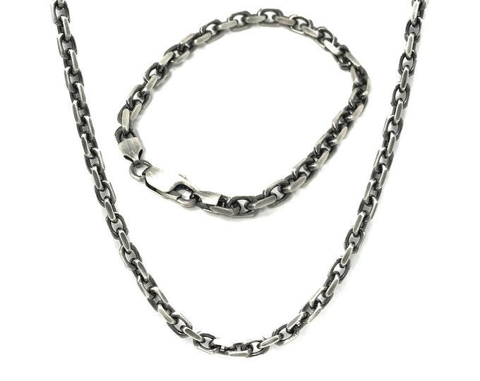Men’s Oxidised Sterling Silver Anchor Style Chunky Necklace with Matching Bracelet