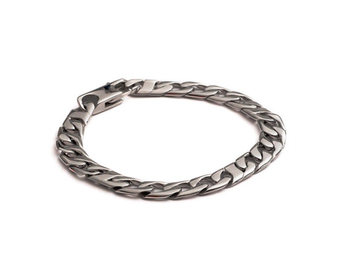 Men's Flat Curb Stainless Steel Oxidised Chain Bracelet 21cm