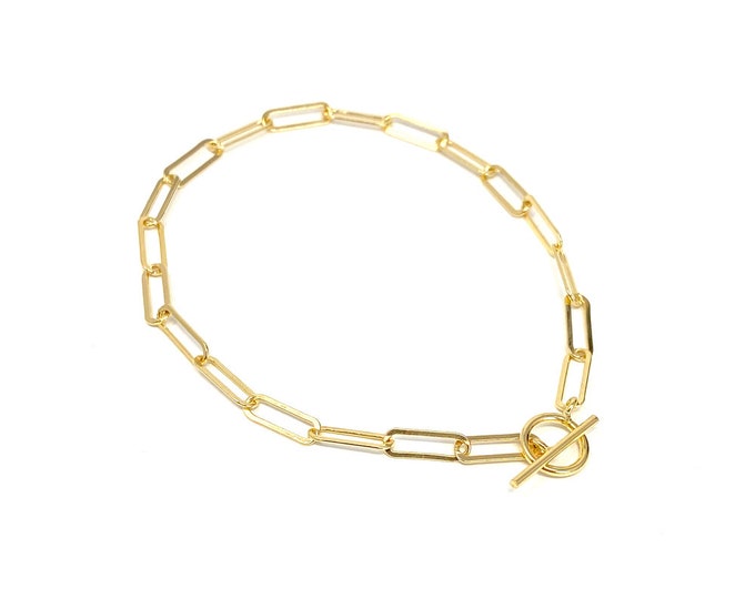 Ladies Bracelet 24ct Gold Plated Elongated Oval Paperclip Link Chain for Women or Girls with Gift Box