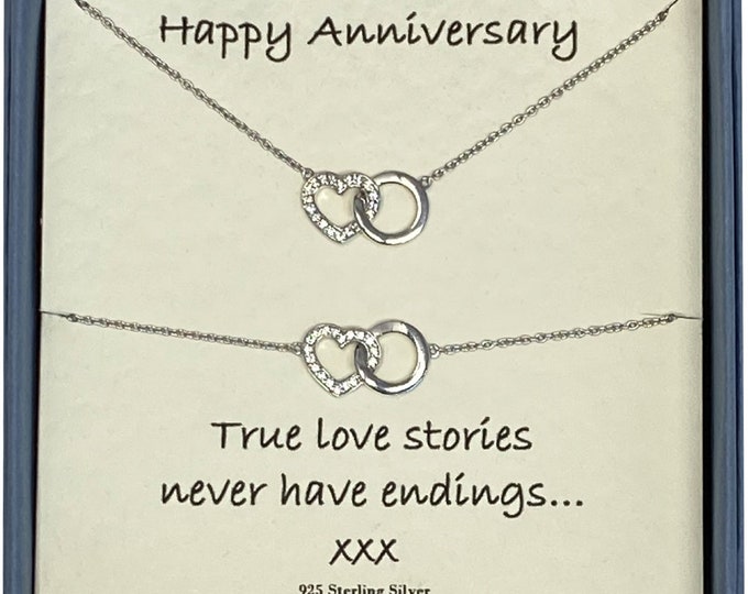 Happy Anniversary Ladies Jewellery Gift Set Sterling Silver And Cubic Zirconia Heart Interlocked Necklace with Matching Bracelet