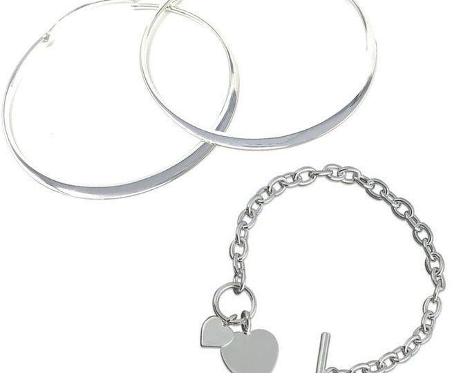 Sterling Silver Large Flat Creole Hoop Earrings & Double Heart Tag Bracelet with Bar and Ring (Toggle) Fastening