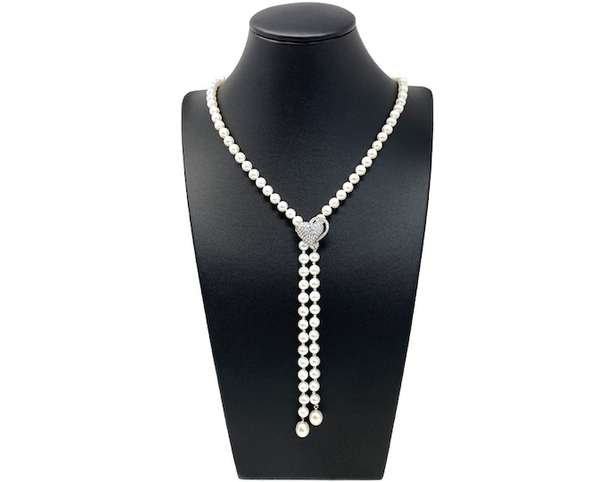 A Stunning Freshwater Pearl Lariat Necklace With Removable Silver Heart Clasp