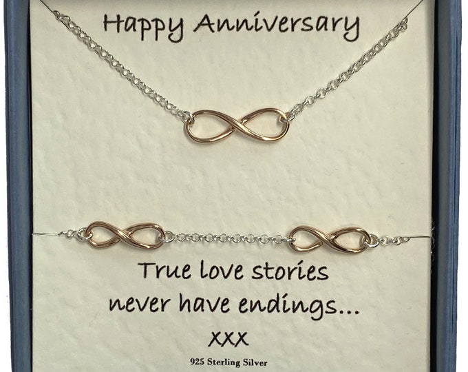 Happy Anniversary  Infinity Symbol Necklace and Bracelet - Jewellery Gift Set Ladies Sterling Silver with Rose Gold Plated