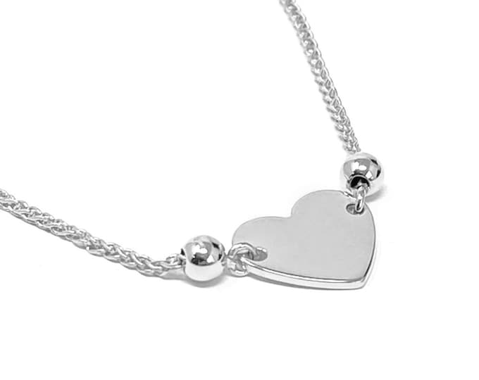 Ladies Sterling Silver Plain Flat Heart Slider Adjustable Drawstring Bracelet