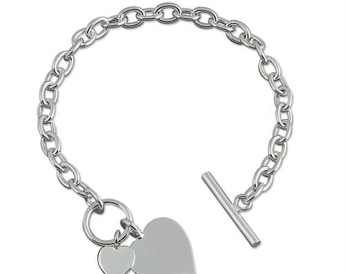 Sterling Silver Bracelet with Double Heart Tag with Bar and Ring (Toggle) Fastening