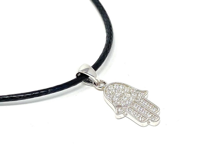 Sterling Silver Hamsa Pendant with Cubic Zirconias on a 41-46 Leatherette Necklace