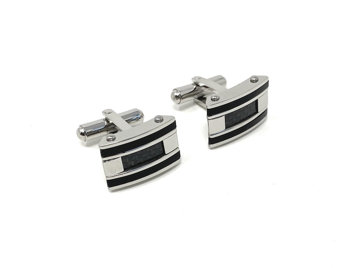 Men's Stainless Steel Cufflinks with Carbon Fibre Inserts and Black Stripe Detailing for Weddings & Birthdays - Ideal Gift For Him