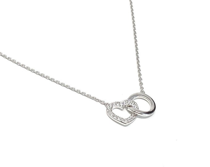 Ladies Sterling Silver Cubic Zirconia Heart Interlocked Necklace 43cm Ideal for Girls, Mum, Grandmother, Sister, Friend, Girlfriend, Wife