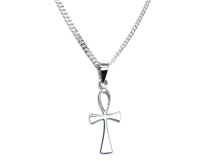 Sterling Silver Egyptian Ankh Pendant on 60 cm Medium Diamond-cut Curb Chain