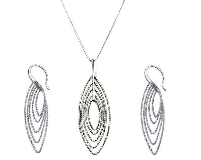 Silver Multi Diamond-Cut Oval Necklace Pendant on Long Length Chain 76cm with Matching Earrings Set