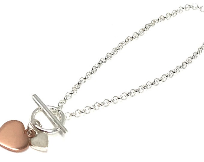 Sterling Silver and Rose Gold Plated Double Heart T Bar Bracelet