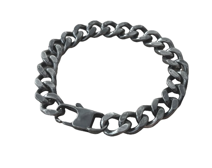 Men's Contemporary Plain Sliced Gunmetal Stainless Steel Oxidised Curb Bracelet 21cm