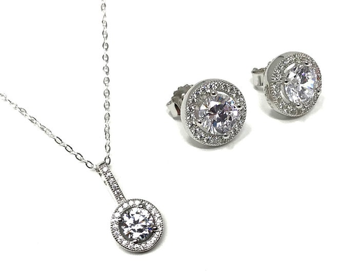 Ladies Sterling Silver Micro Set Cubic Zirconia Halo Pendant Chain Necklace and Stud Earrings Set