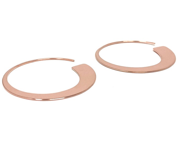 Rose Gold Plated Flat Tapered Pull-Thru Open Hoop Earrings