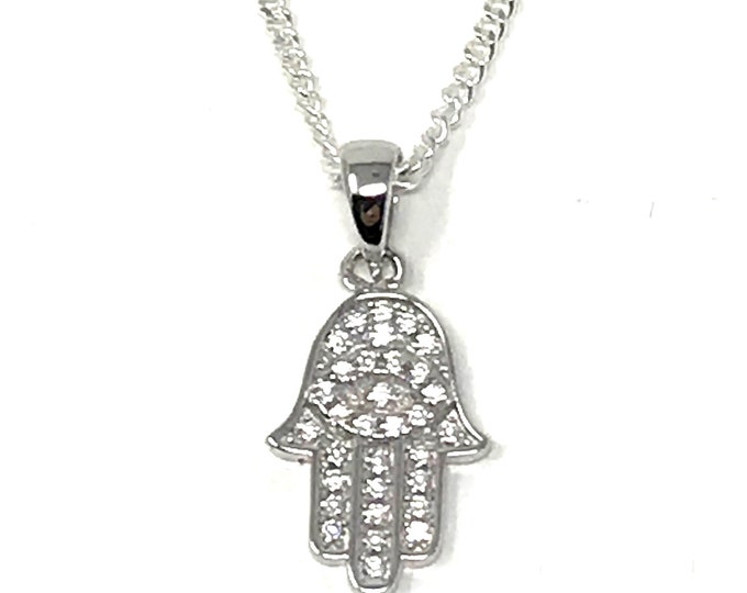 Sterling Silver Hamsa Pendant set with Cubic Zirconias on a Sterling Silver Chain