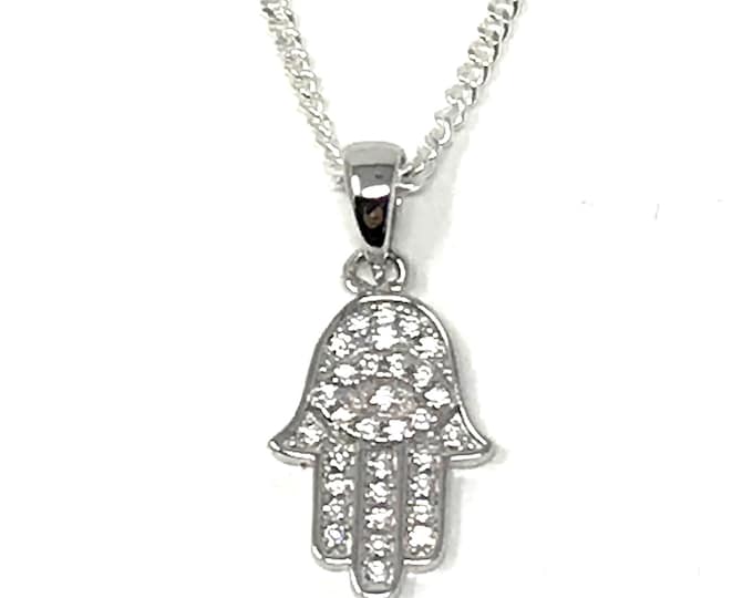 Sterling Silver Hamsa Pendant set with Cubic Zirconias on a Sterling Silver Chain