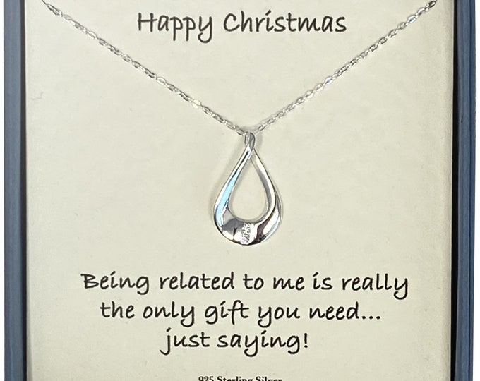 Happy Christmas Ladies Sterling Silver Twisted Loop Pendant Necklace with Cubic Zirconias with Card Message & Gift Box