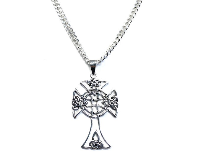 Sterling Silver Open Celtic Knot Cross on 60 cm Heavy Diamond-cut Curb Chain