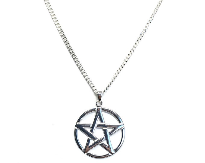 Sterling Silver Pentacle Pendant on 60 cm Medium Diamond-cut Curb Chain