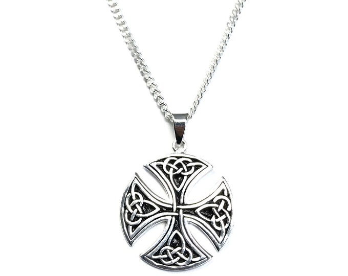 Sterling Silver Large Round Celtic Cross Pendant on 60 cm Curb Chain