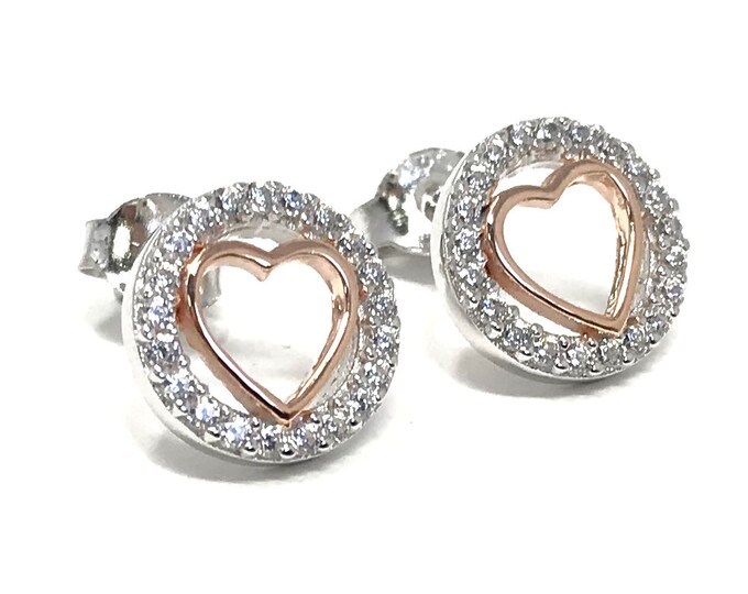 Sterling Silver Studs with Rose Gold-Plated Heart in Cubic Zirconia Circle