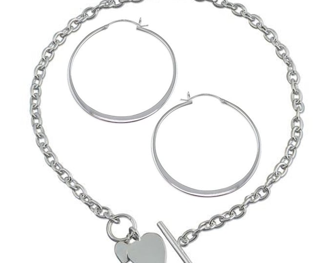 Sterling Silver Large Flat Creole Hoop Earrings & Double Heart Tag Necklace with Bar and Ring (Toggle) Fastening