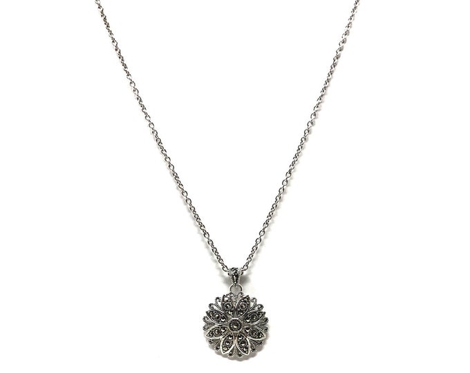 Ladies Sterling Silver Marcasite Starburst Flower Pendant on a Chain Necklace, The Perfect Gift For Her.