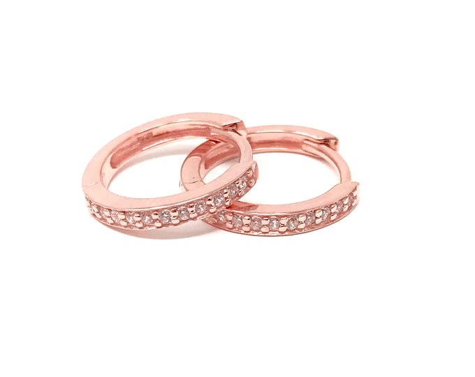 Rose Gold Vermeil Small Hoop Huggie Earrings with Cubic Zirconias