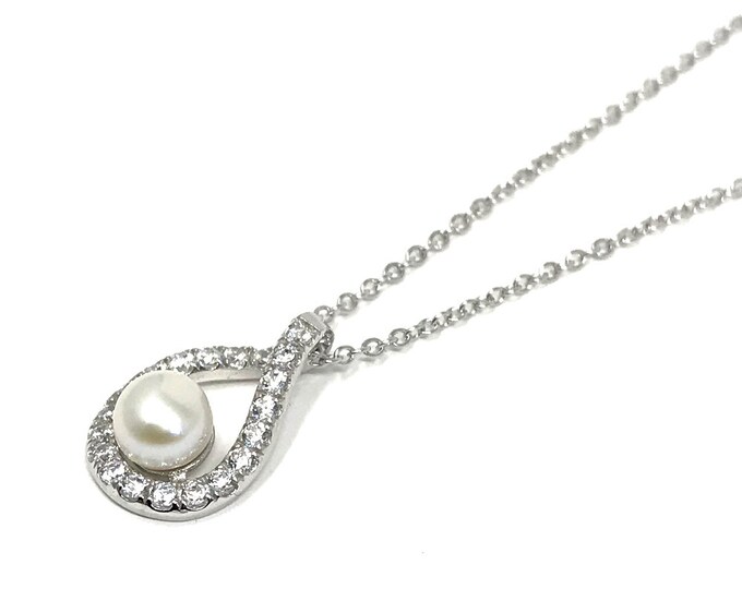 Sterling Silver Necklace with Cubic Zirconia Teardrop Outline and Freshwater Pearl