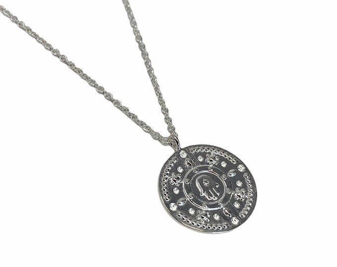 Ladies Sterling Silver with Cubic Zirconia Hamsa Hand Disc Pendant on a 53cm Necklace