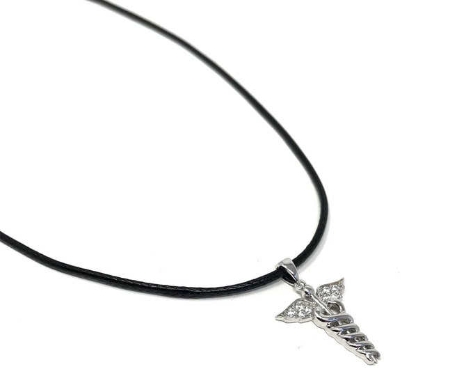 Silver Caduceus Pendant with Cubic Zirconia on 41cm Leatherette Necklace