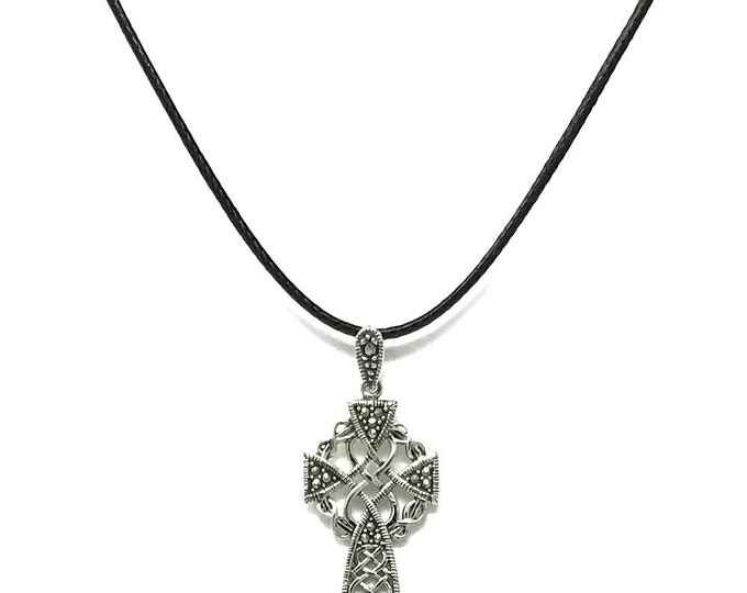 Strictly Gifts Ladies Sterling Silver Marcasite Celtic Cross on 41-46cm Leatherette Cord Necklace