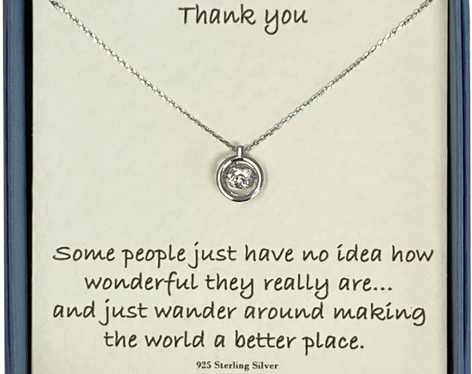 Thank you Ladies Sterling Silver and Cubic Zirconia Stone Necklace with Card Message & Gift Box