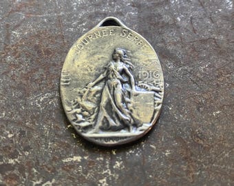 French Medal Pendant, Handmade pewter, Woman with Flowing Gown, focal bead, Antique pendant, Vintage pendant, France, Victorian, P1006