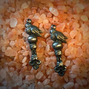 May include: Two antique silver-toned bird charms with a round bead and a decorative design at the bottom. The charms are on a pink salt background.