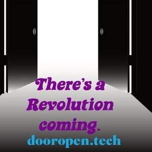 May include: Two black doors open to reveal a white background with the text "DOORS There's a Revolution coming. dooropen.tech".
