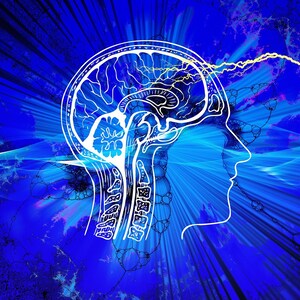 May include: A white outline of a human head with a detailed illustration of the brain inside. A hand reaches out towards the head, with a lightning bolt connecting the hand to the brain.