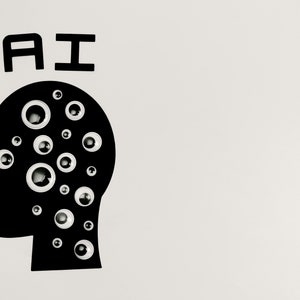 Könnte beinhalten: Eine schwarze Silhouette eines Kopfes mit mehreren weißen Glitz Augen im Inneren, mit den Buchstaben "AI" über dem Kopf.